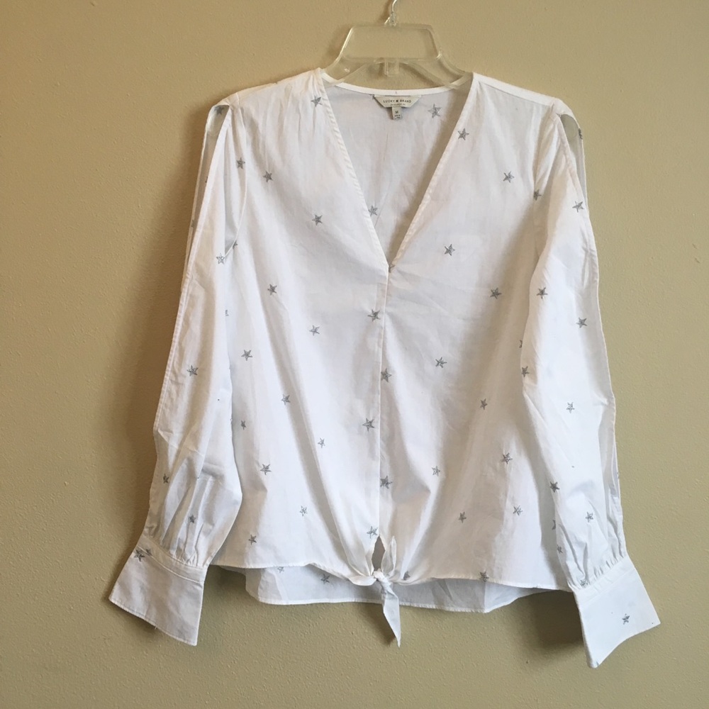 Lucky Brand Star Embroidered Slit Sleeve Top White Silver M